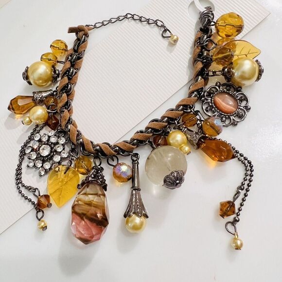 Art Glass Dangle Charm Bracelet Faux Pearl Leather Rhinestone Dangle Earth Tone - Picture 1 of 13